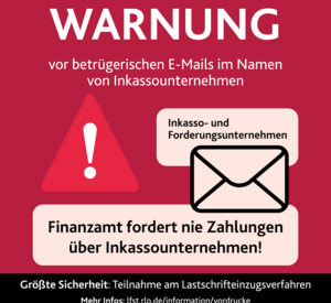 Info Grafik mit einem großen Ausrufezeichen zur Warnung vor neuer Betrugsmasche